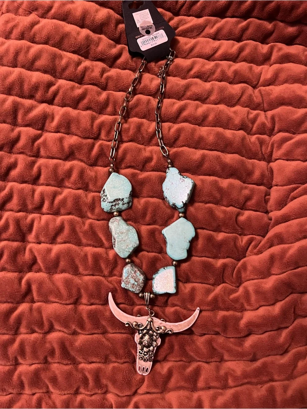 Shyanne Turquoise Stone Bull Skull Statement Necklace with Copper Accents